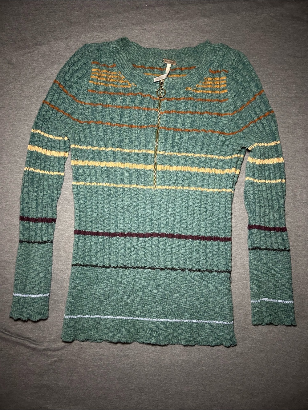 Free People Sage Green Striped Knit Pullover with Zip